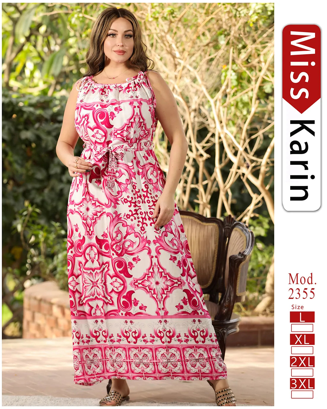 Woman wearing a pink and white patterned dress with 'Miss Karin' branding.
