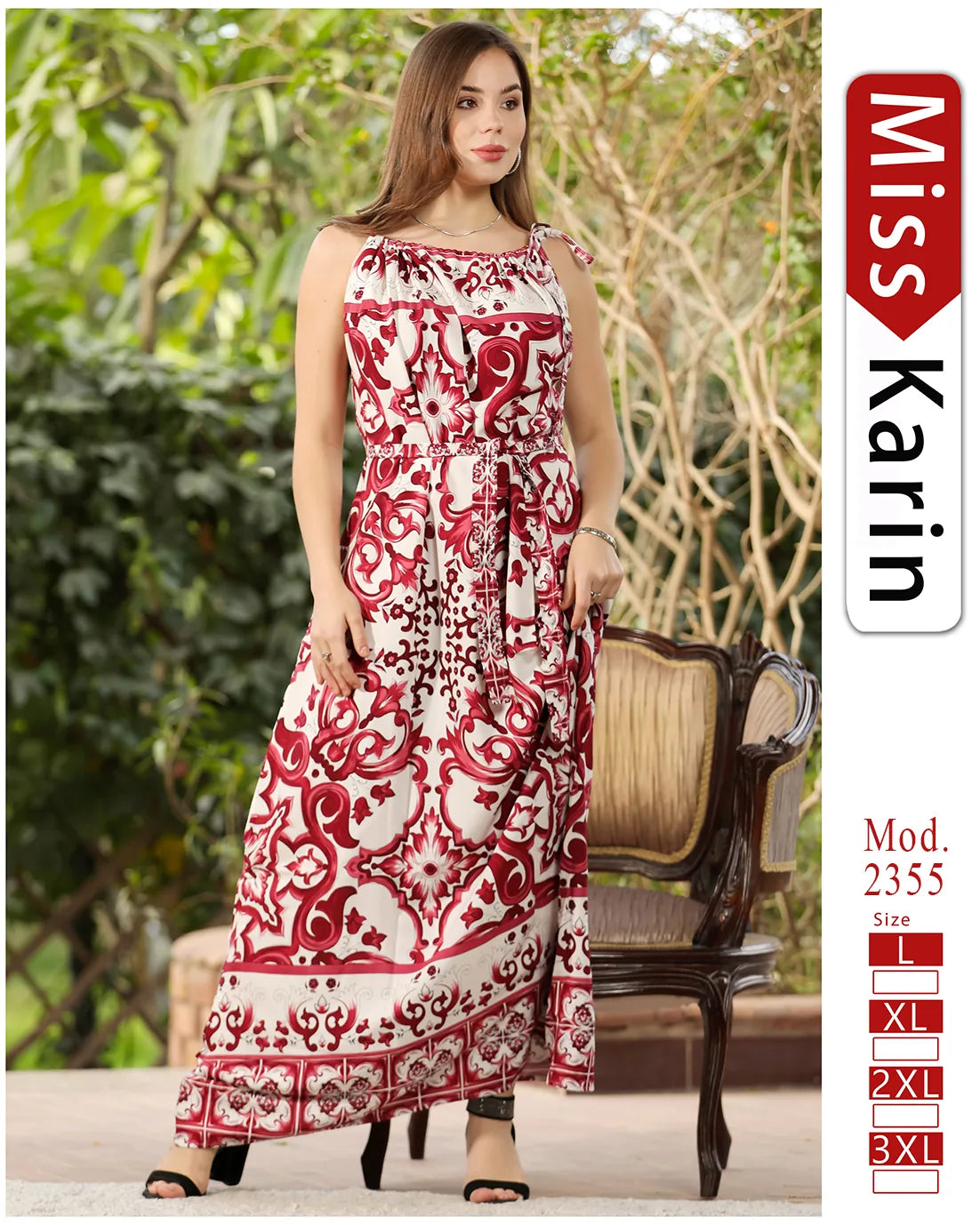 Woman wearing a red and white patterned dress with 'Miss Karin' branding.