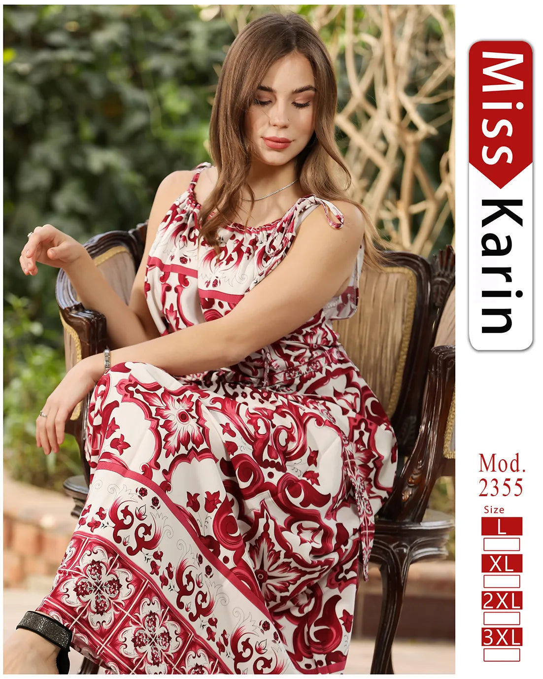 Woman wearing a red and white patterned dress sitting on a chair with 'Miss Karin' branding.
