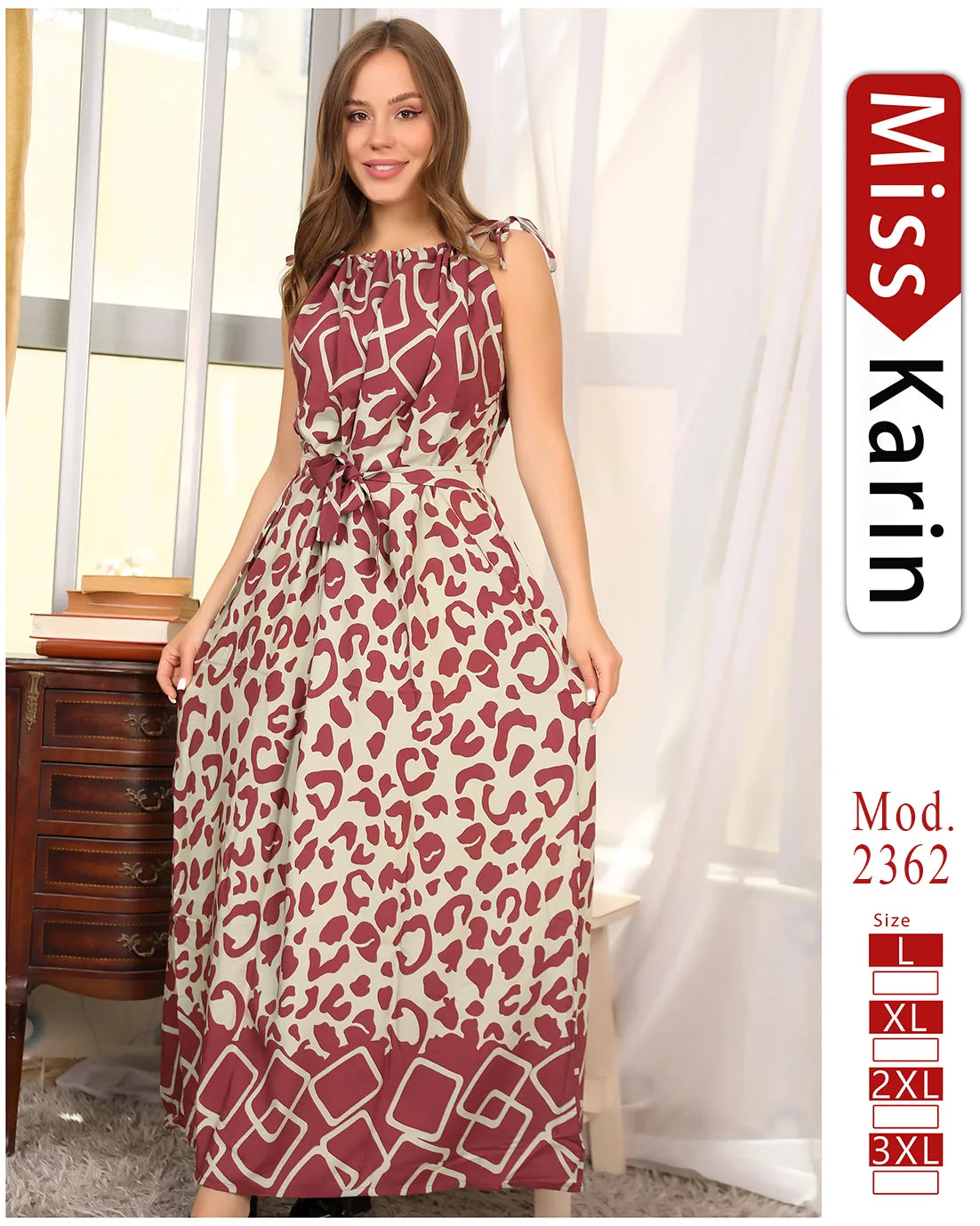 فستان صيفي طويل مطبوع بلا أكمام | Miss Karin موديل 2362 (L–3XL)