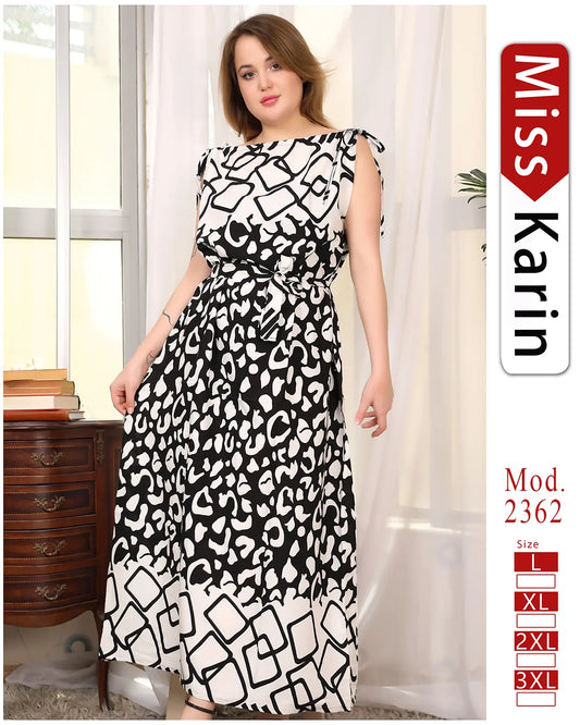 فستان صيفي طويل مطبوع بلا أكمام | Miss Karin موديل 2362 (L–3XL)