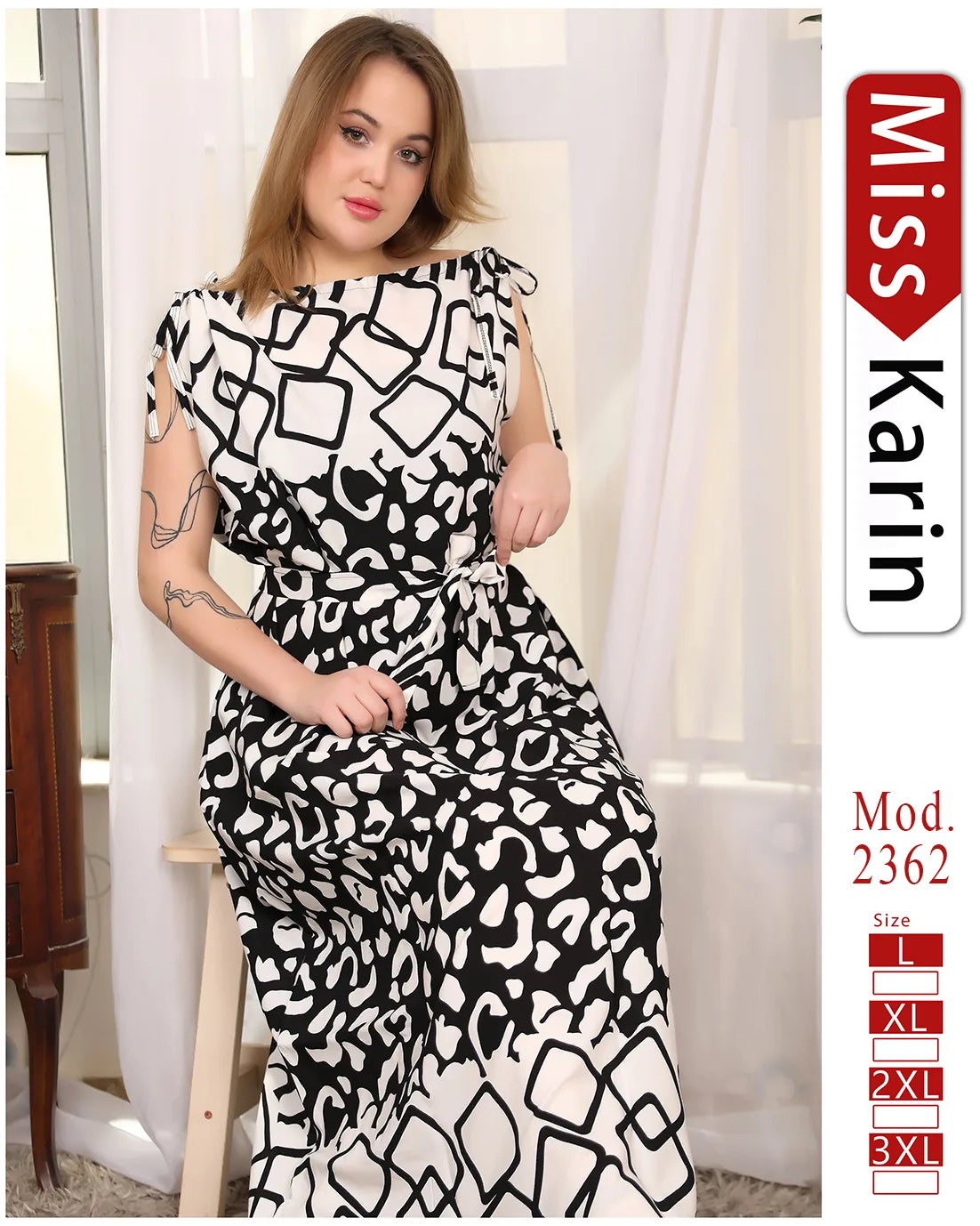 فستان صيفي طويل مطبوع بلا أكمام | Miss Karin موديل 2362 (L–3XL)