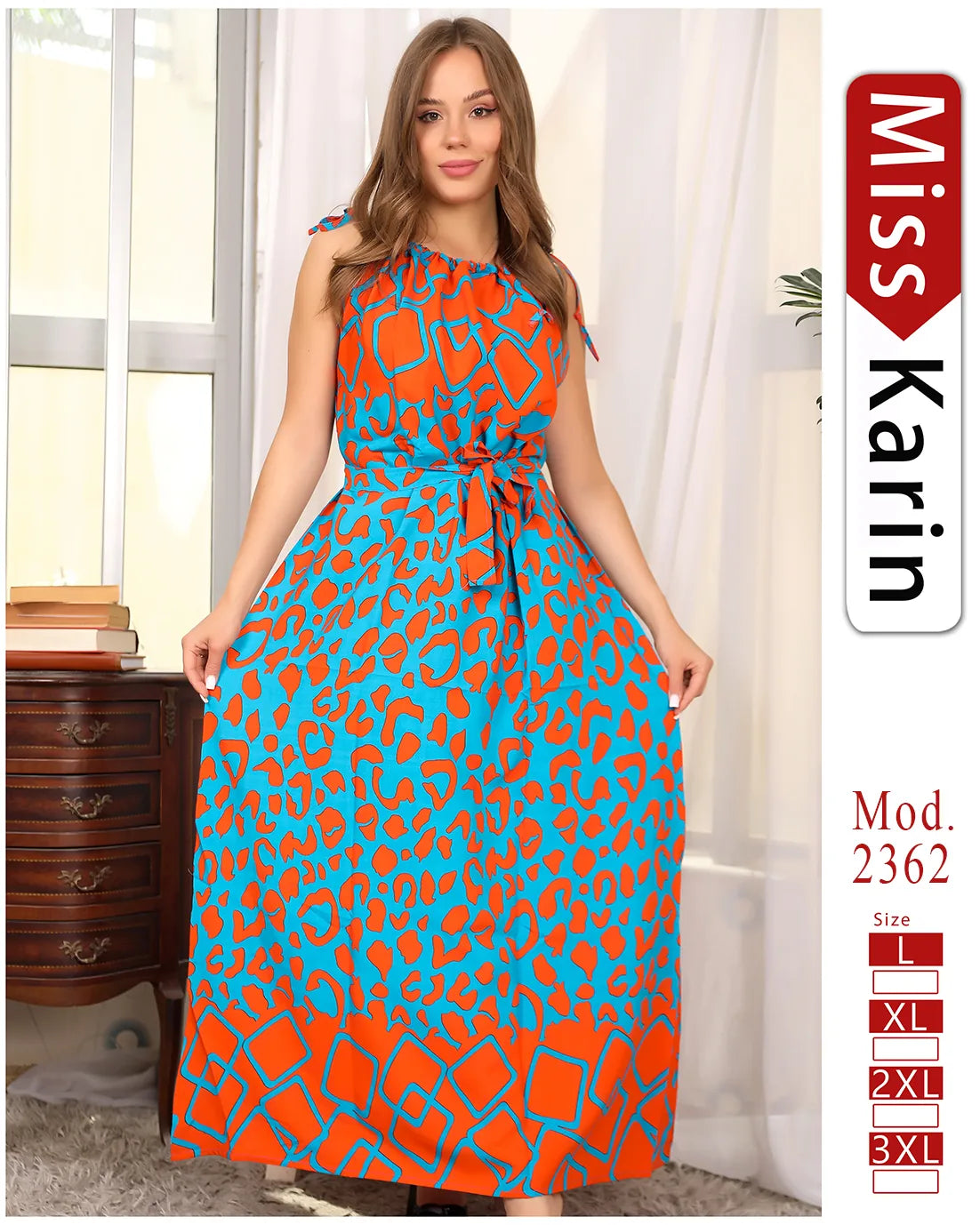 فستان صيفي طويل مطبوع بلا أكمام | Miss Karin موديل 2362 (L–3XL)