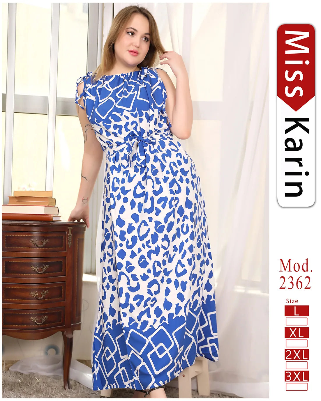 فستان صيفي طويل مطبوع بلا أكمام | Miss Karin موديل 2362 (L–3XL)