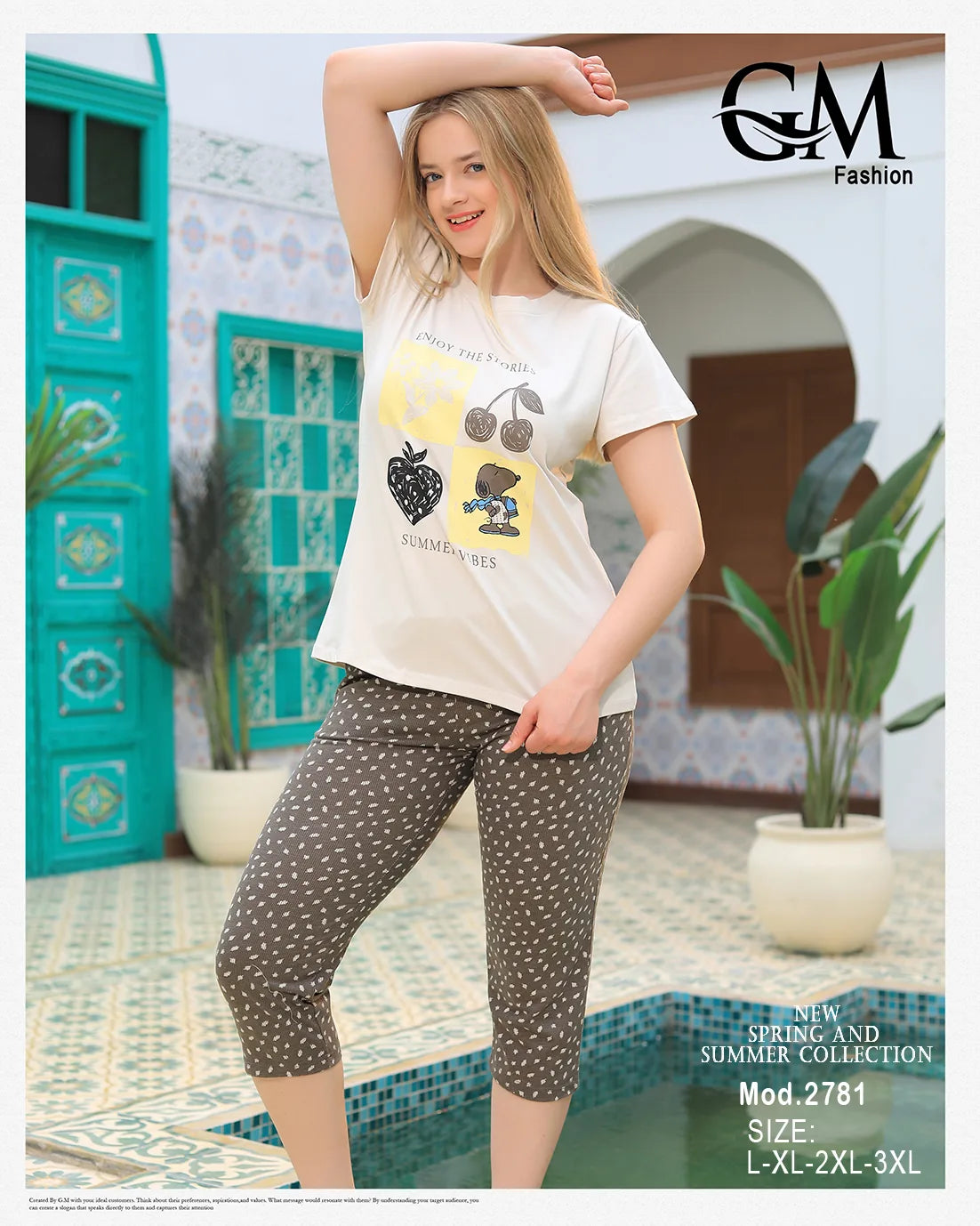 Woman wearing a white t-shirt with a graphic design and patterned leggings in a poolside setting, with 'G&M Fashion' branding.