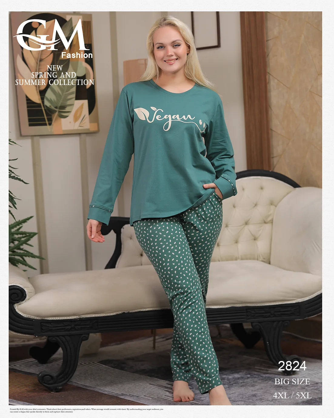 Woman wearing pink 'Vegan' top and patterned pants in a room with a couch.