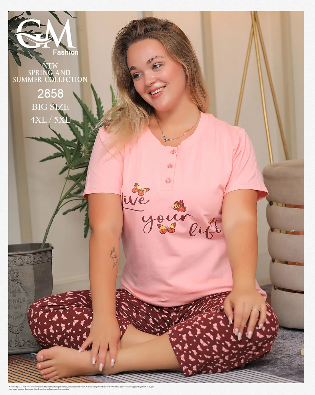 طقم بيتي حريمي قطن مقاس كبير – موديل 2858 صيفي من GM Fashion