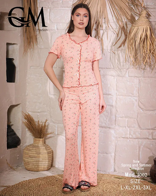 بيجامة حريمي صيفي قطن GM موديل 3002 – بنطلون وتيشيرت نص كم