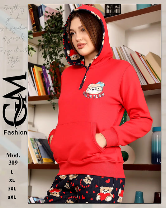 بيجامة شتوي ميلتون مطبوع للسيدات بقبعة – موديل 309 | GM Fashion