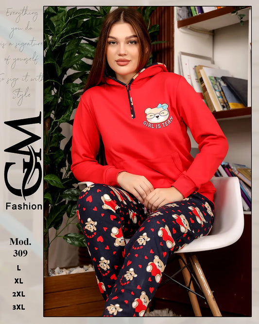 بيجامة شتوي ميلتون مطبوع للسيدات بقبعة – موديل 309 | GM Fashion