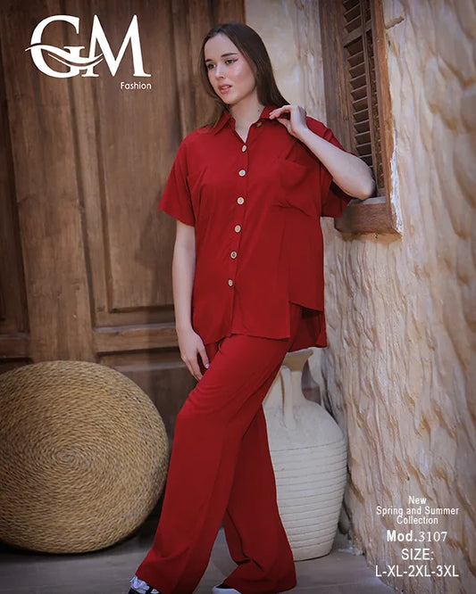 طقم حريمي صيفي قميص وبنطلون واسع – GM Fashion موديل 3107