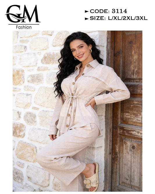 طقم حريمي كتان صيفي بقصة خصر محددة وياقة أنيقة | GM Fashion كود 3114