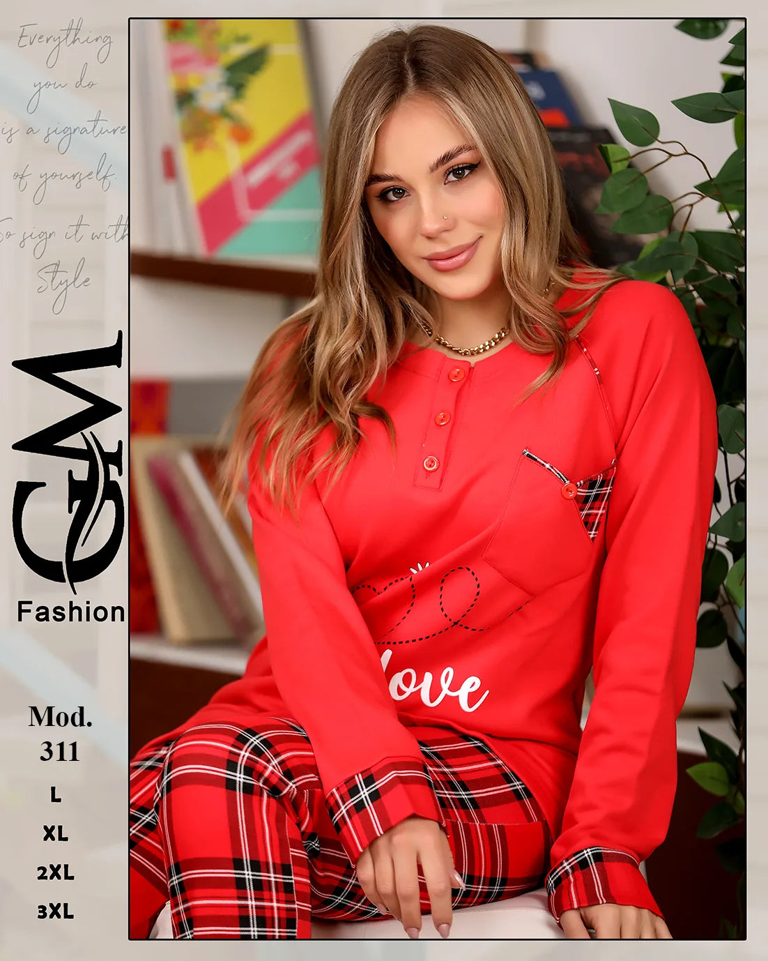 طقم شتوي قطيفي ناعم بكم طويل وبنطلون كاروهات – موديل 311 | GM Fashion