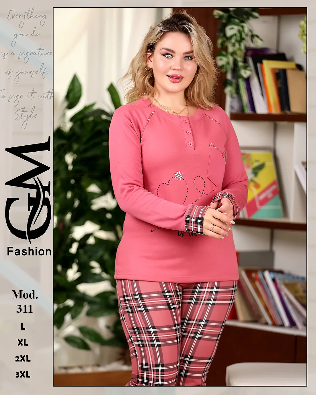 طقم شتوي قطيفي ناعم بكم طويل وبنطلون كاروهات – موديل 311 | GM Fashion