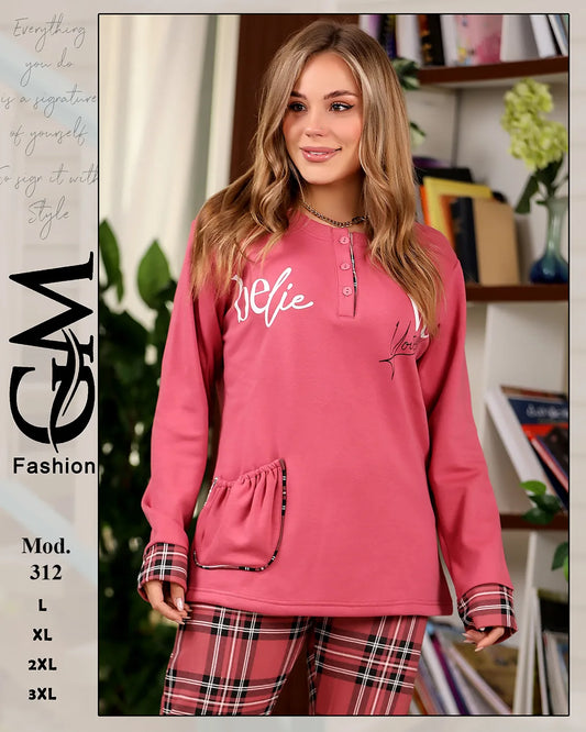 312طقم شتوي حريمي من GM Fashion خامة ميلتون قطيفي ناعم – موديل 312 – مقاسات حتى 3XL