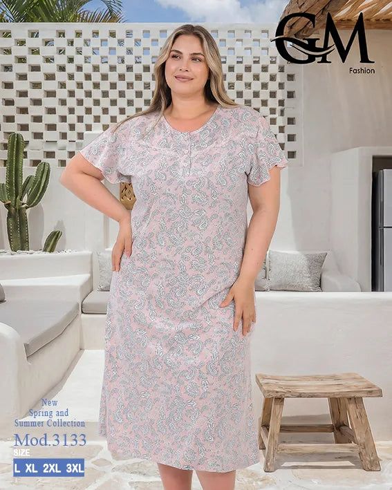 قميص نوم حريمي مقاسات كبيرة بطبعة كشمير أنيقة – GM Fashion موديل 3133