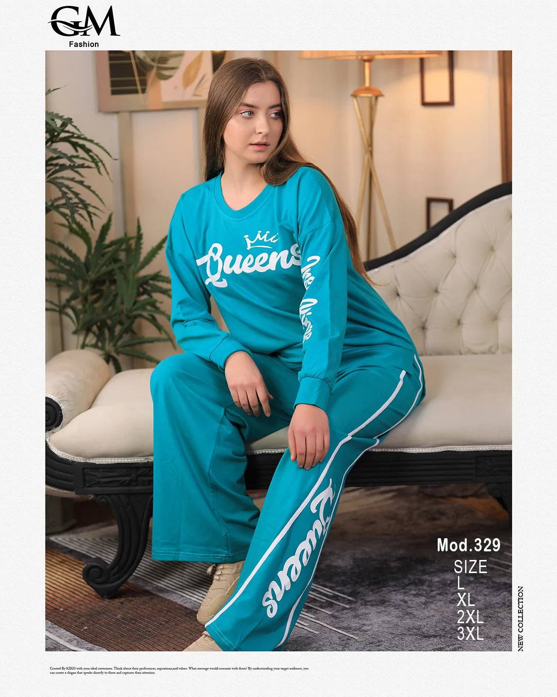 Woman wearing a turquoise outfit with 'Queen' text in a home setting, featuring GM Fashion branding.