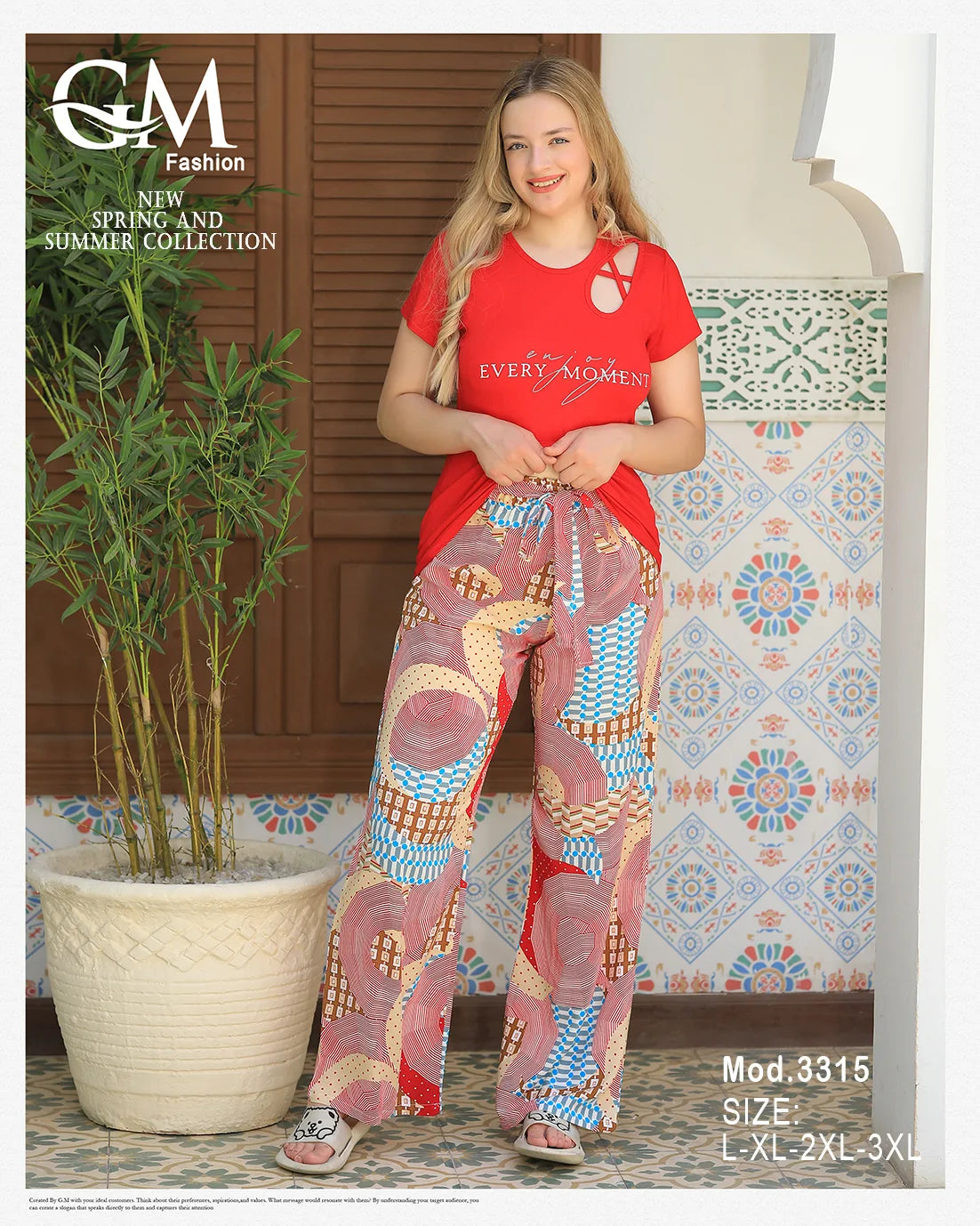 Woman wearing a red top and patterned pants with 'G&M Fashion' branding.