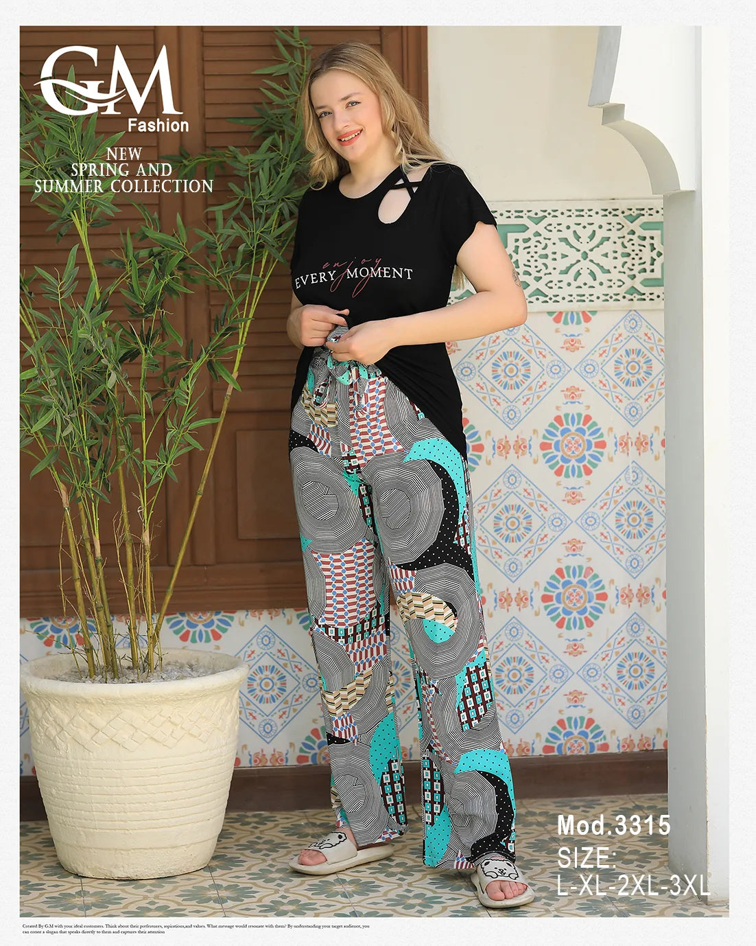 Woman wearing a black top and patterned pants with 'GM Fashion' branding.