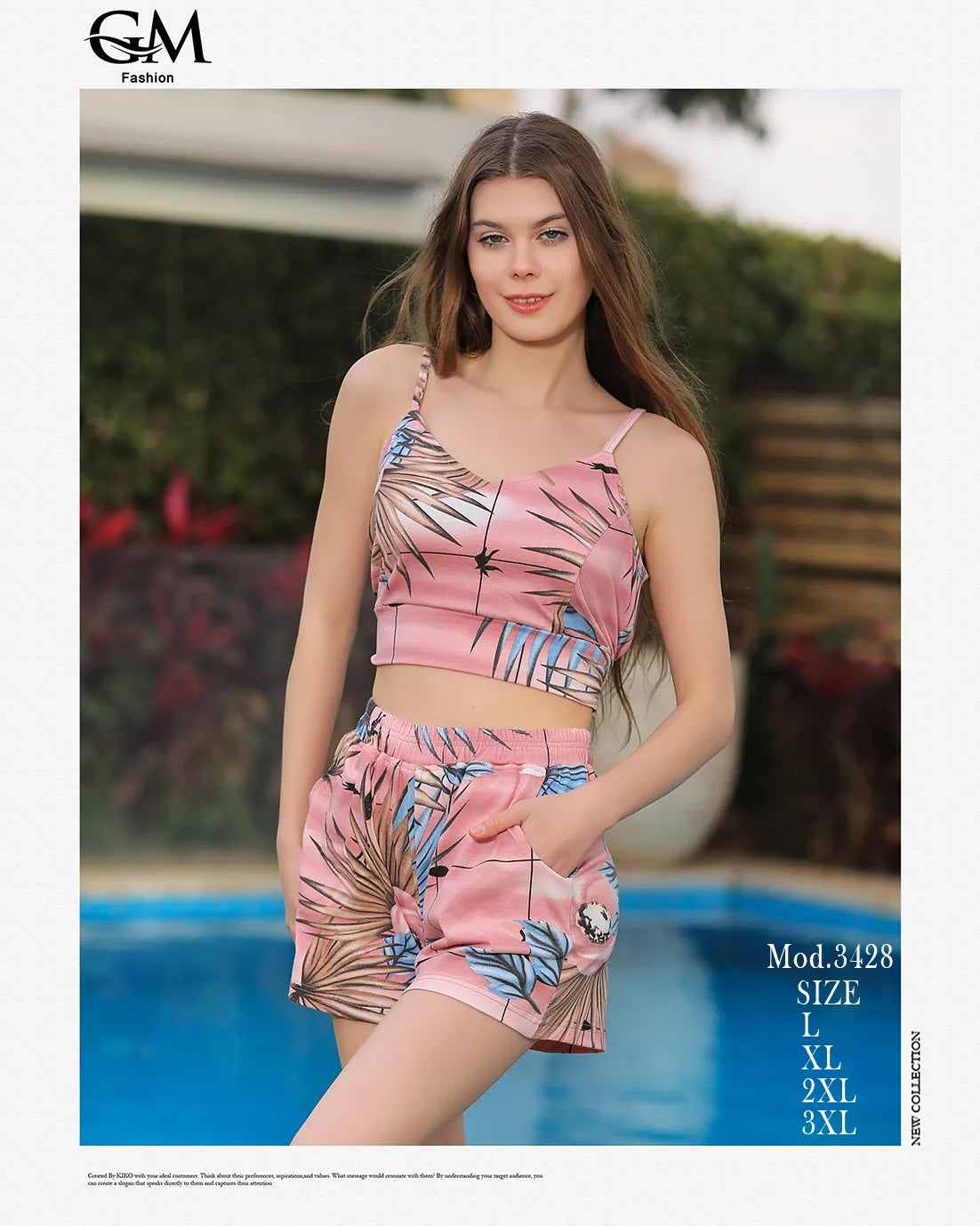 شورت صيفي حريمي بخامة ناعمة – توب بحمالات + شورت مشجر – موديل 3428 من GM Fashion