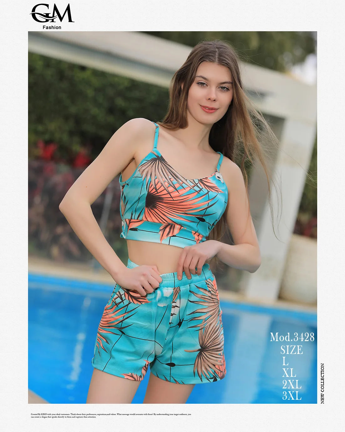 شورت صيفي حريمي بخامة ناعمة – توب بحمالات + شورت مشجر – موديل 3428 من GM Fashion
