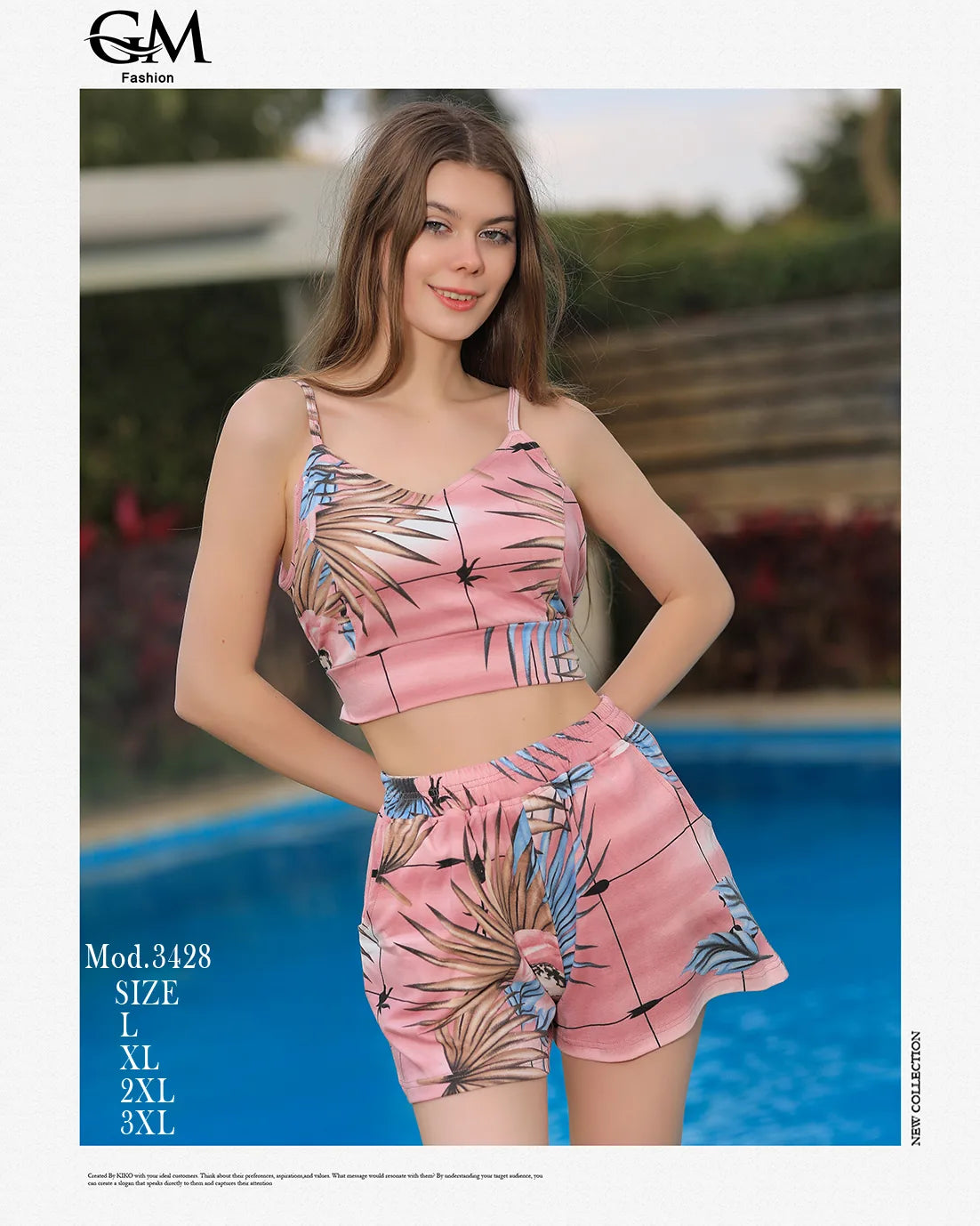 شورت صيفي حريمي بخامة ناعمة – توب بحمالات + شورت مشجر – موديل 3428 من GM Fashion