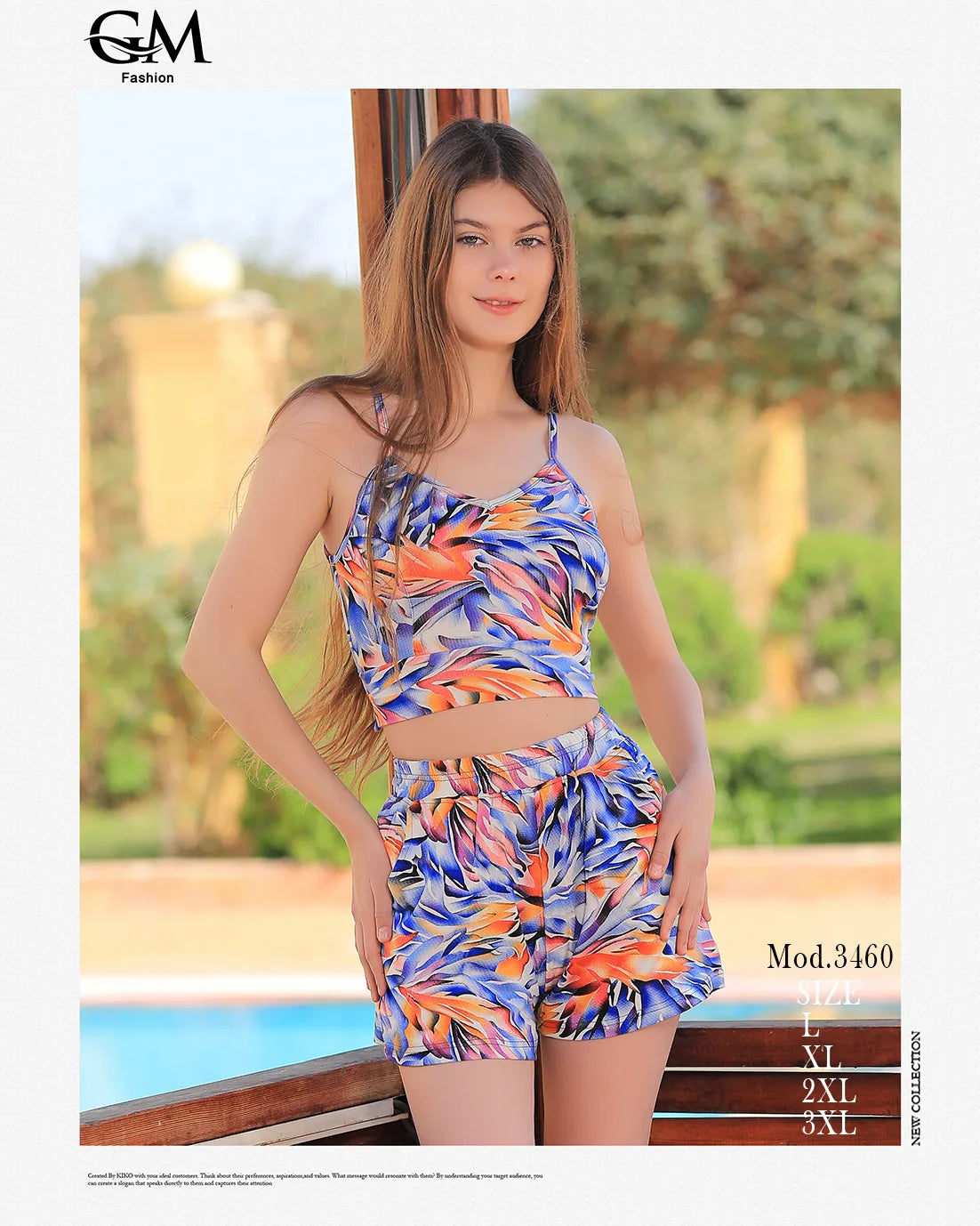 Woman wearing a colorful swimsuit by a pool with 'GM Fashion' branding.