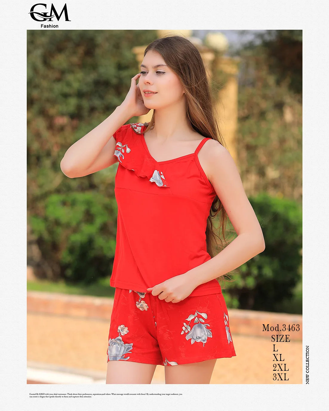 Woman wearing a red outfit with floral patterns outdoors
