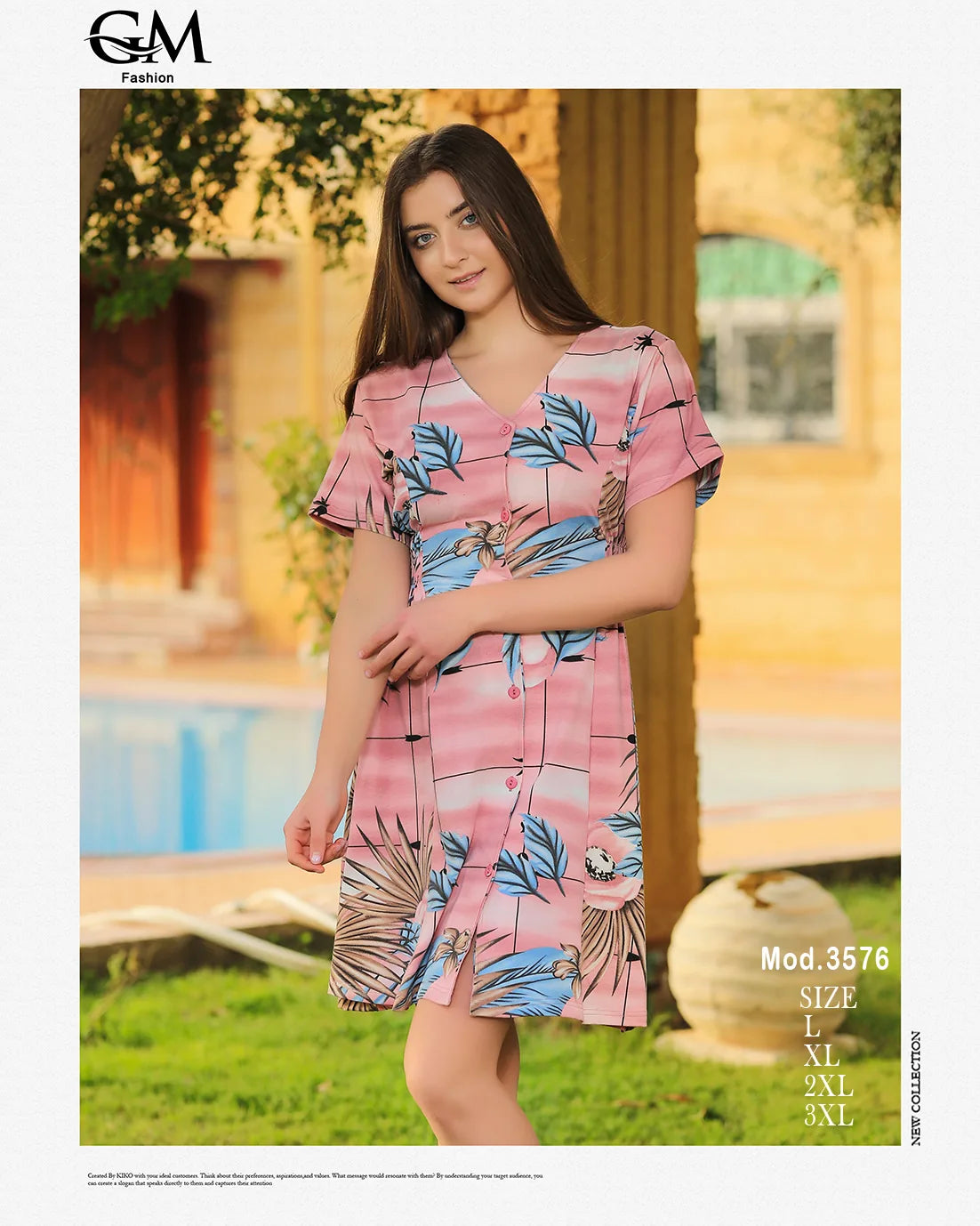 فستان قصير بطبعة ورود استوائية – GM Fashion صيفي 3576