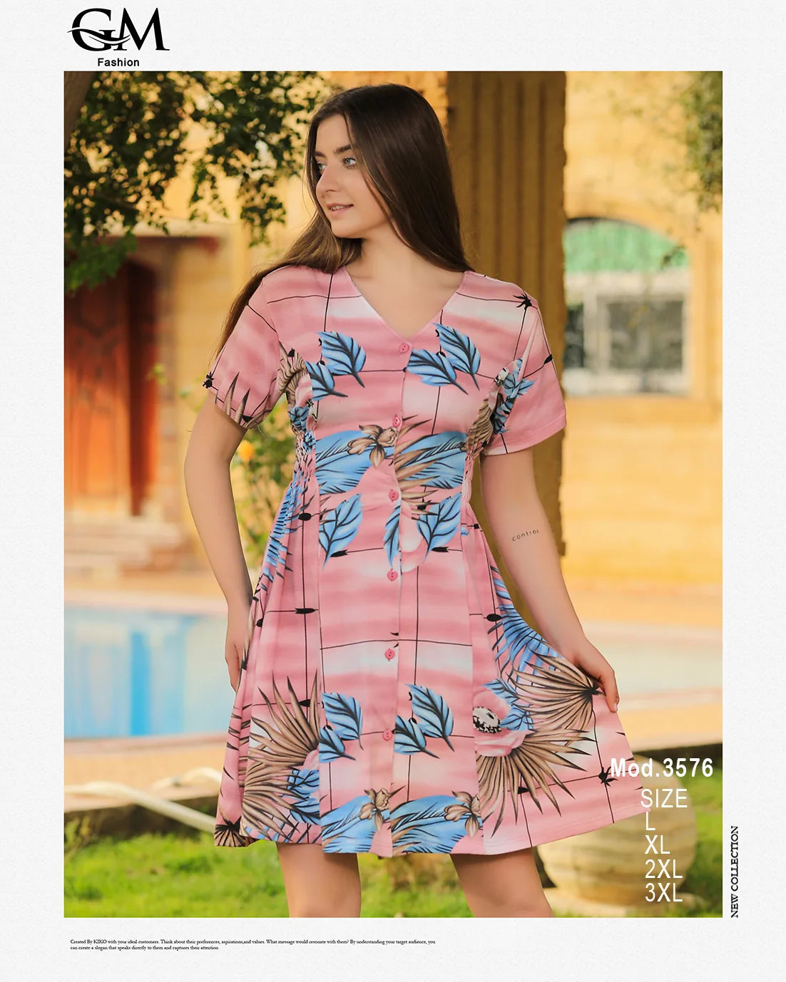 فستان قصير بطبعة ورود استوائية – GM Fashion صيفي 3576
