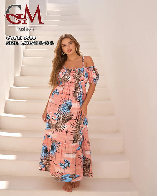 فستان حريمي صيفي أوف شولدر مشجر – موديل 3588 | GM Fashion