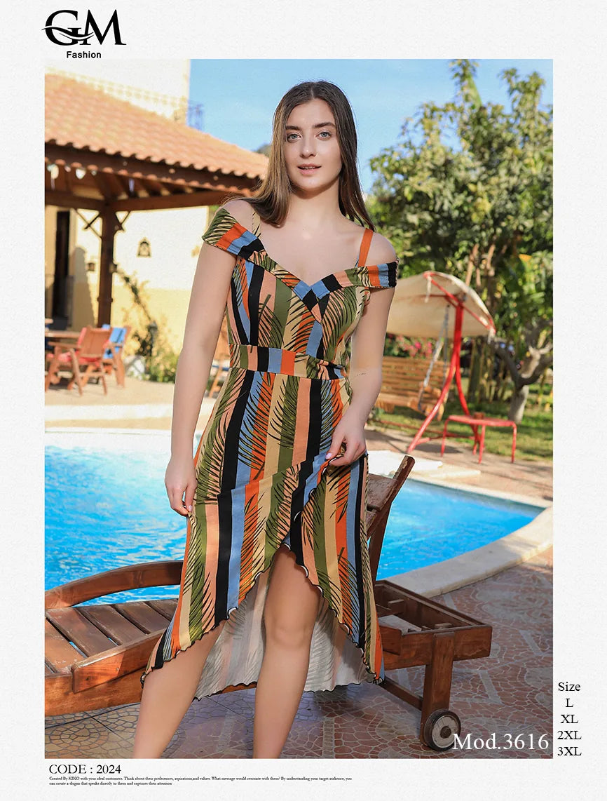 فستان صيفي بحمالات كشكشة تصميم مائل – موديل 3616 من GM Fashion