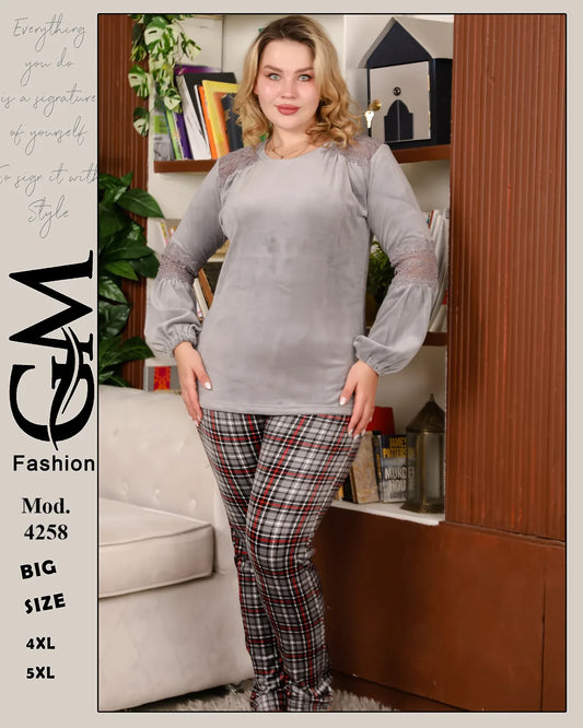طقم شتوي بيتي مخملي للمقاسات الكبيرة 4XL و5XL – موديل 4258 | GM Fashion
