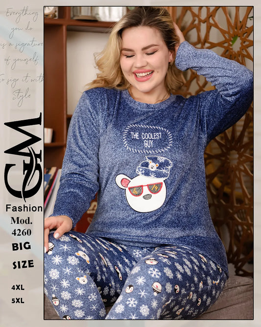 طقم بيجامة شتوية قطيفة برسمة دب | موديل 4260 | GM Fashion مقاسات كبيرة 4XL - 5XL