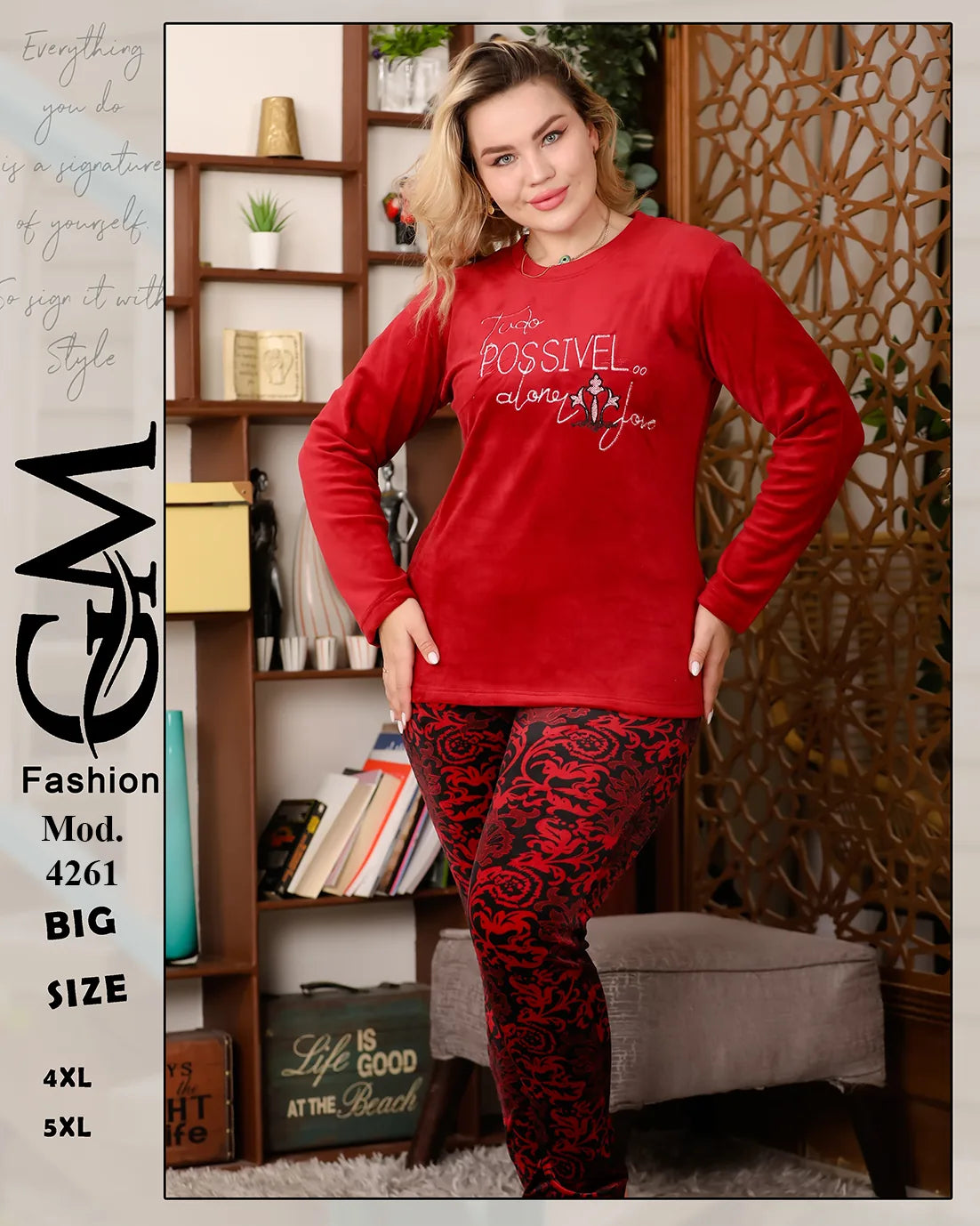 طقم شتوي قطيفة ناعم حريمي بيج سايز 4XL - 5XL | GM Fashion – موديل 4261