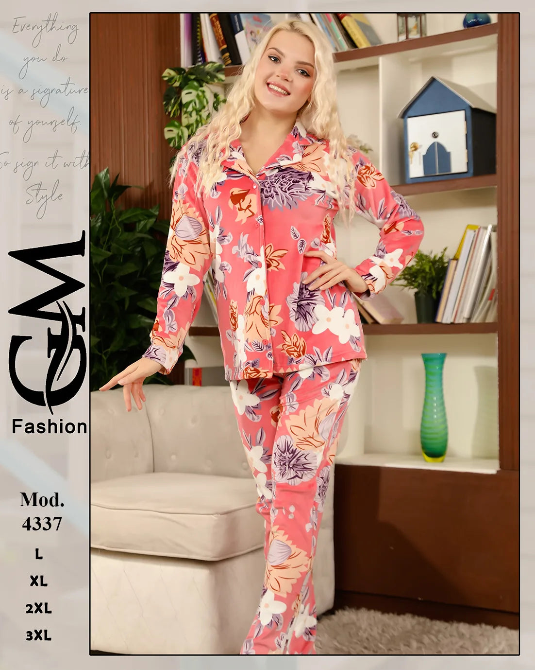 طقم بيجامة شتوي حريمي مطبوع (قميص أزرار + بنطلون) | موديل 4337 | GM Fashion