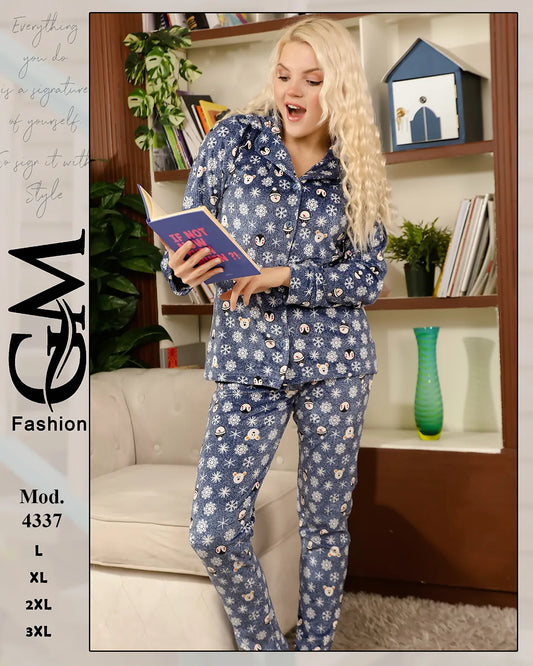 طقم بيجامة شتوي حريمي مطبوع (قميص أزرار + بنطلون) | موديل 4337 | GM Fashion