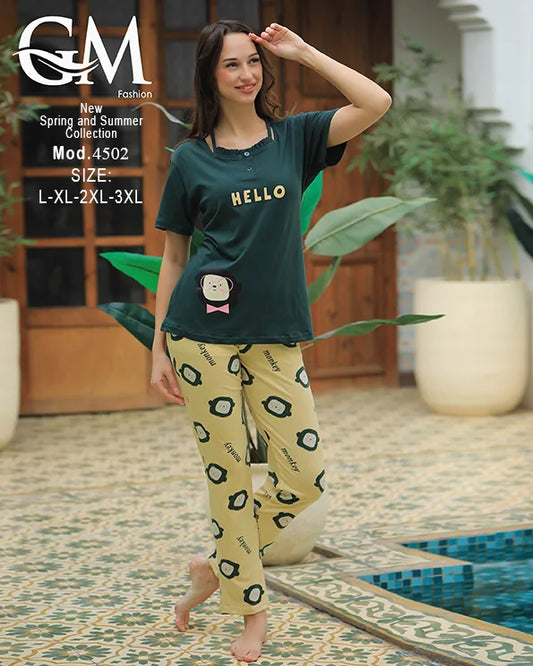 بيجامة حريمي قطن صيفي HELLO موديل 4502