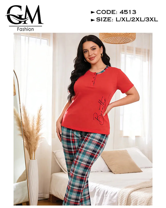 بيجامة حريمي قطن صيفي بطباعة جانبية وبنطلون كاروهات | GM Fashion كود 4513