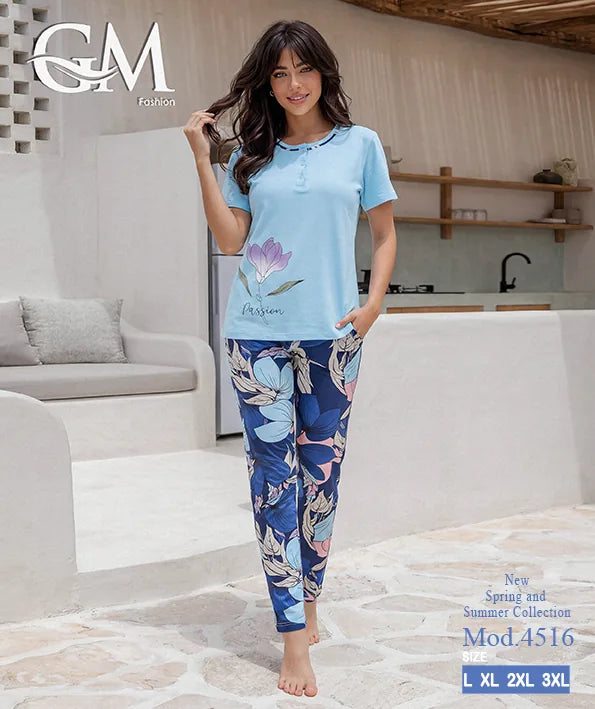 بيجامة حريمي صيفي بنطلون مشجر – GM Fashion موديل 4516