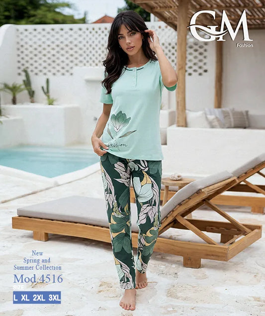 بيجامة حريمي صيفي بنطلون مشجر – GM Fashion موديل 4516