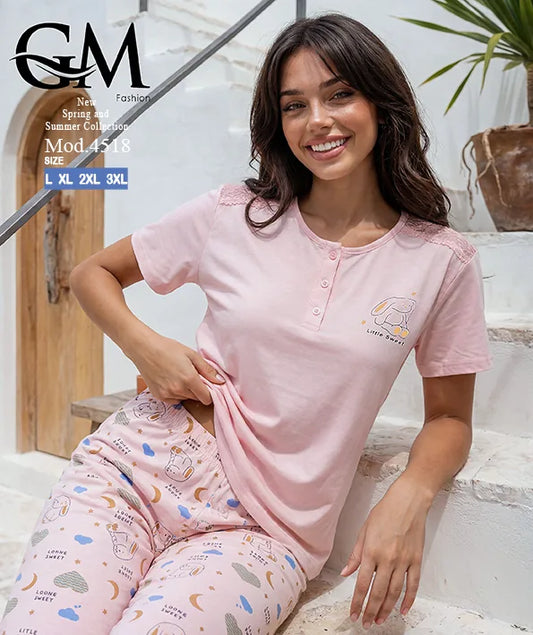 بيجامة حريمي صيفي بنطلون مطبوع – GM Fashion موديل 4518