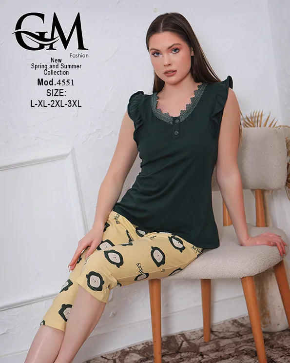 بيجامة حريمي قطن صيفي بنطلون كابري – GM Fashion موديل 4551