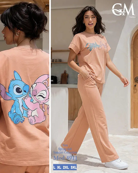بيجامة حريمي صيفي Stitch Angel بأرجل واسعة – GM Fashion موديل 4911