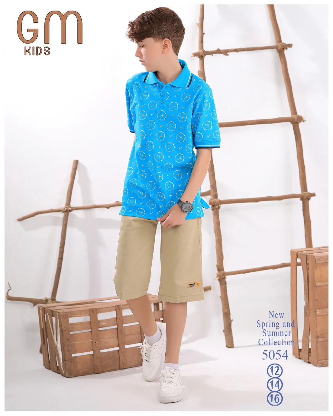 Child wearing a blue polo shirt and beige shorts standing in front of a wooden ladder.