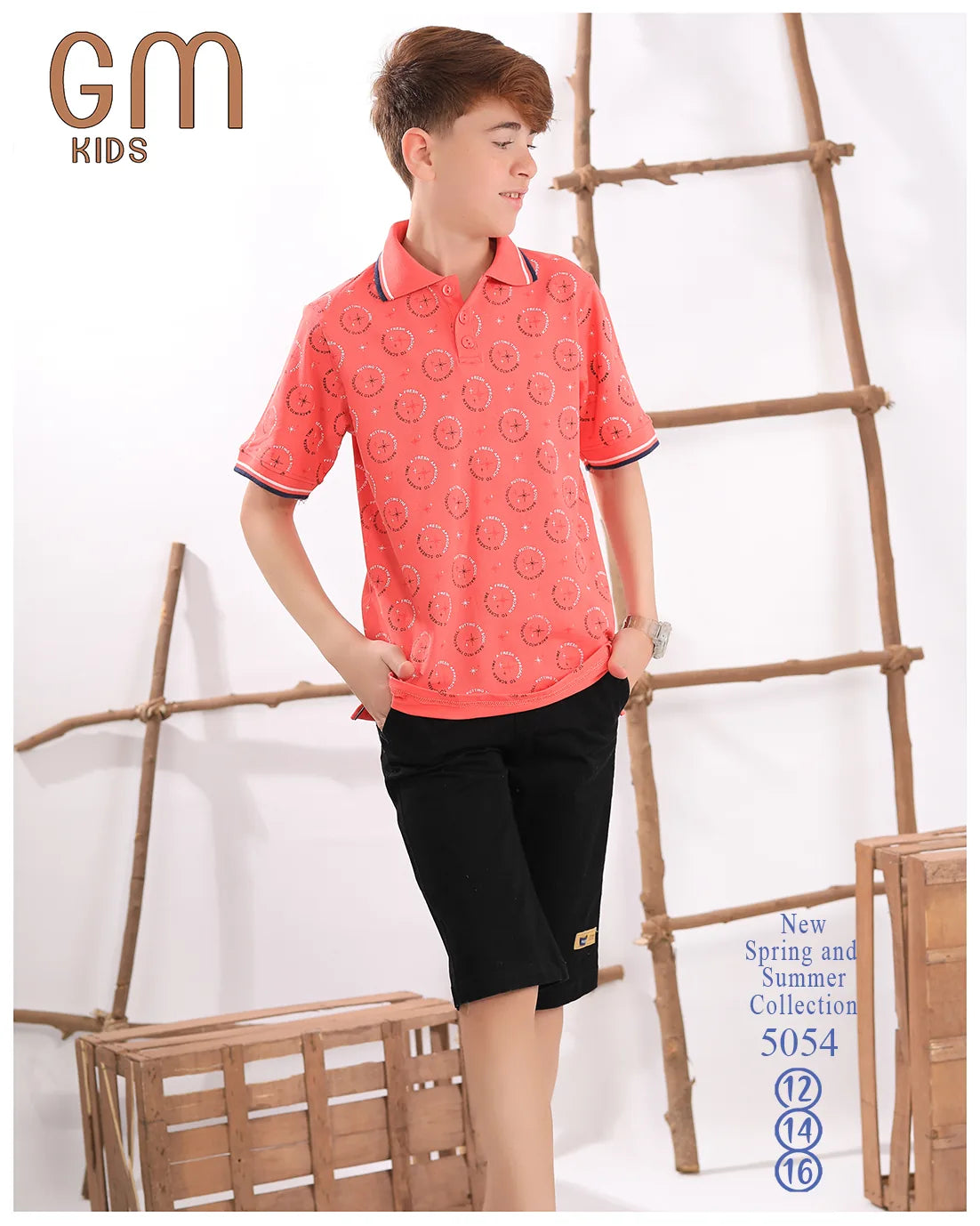 Child wearing a red patterned shirt and black shorts standing against a white background with wooden ladder.