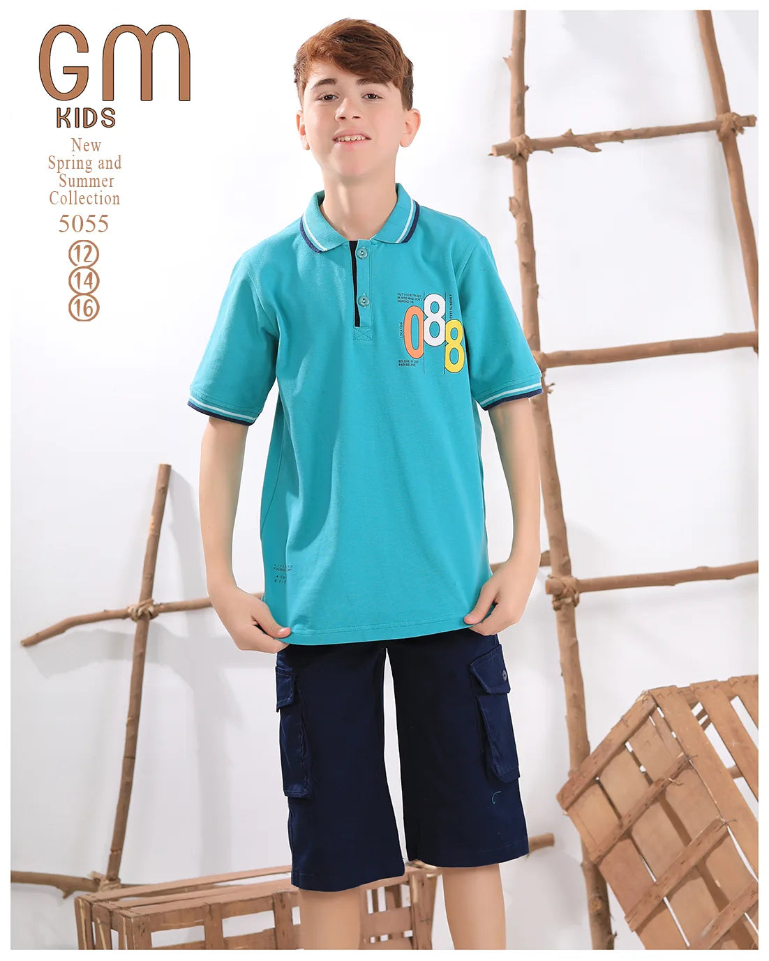 Child wearing a turquoise polo shirt with '88' design and navy shorts, standing against a white background with wooden decor.