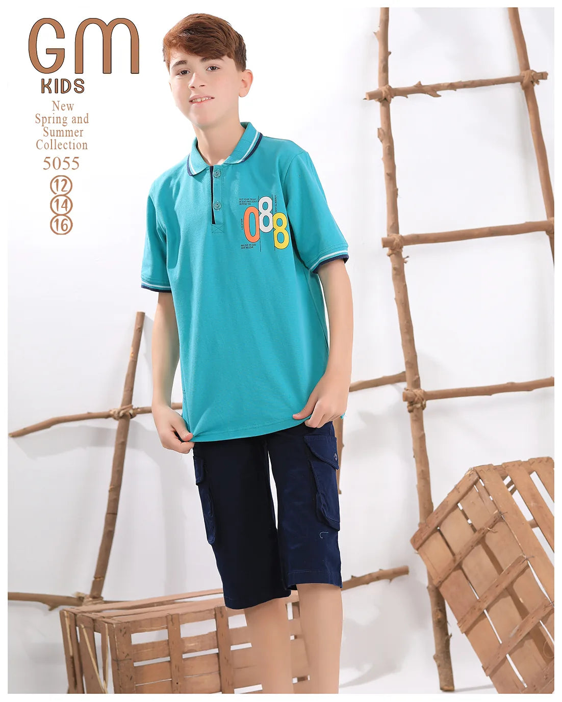 Child wearing a teal polo shirt with colorful design and dark shorts, standing against a white background with wooden elements.