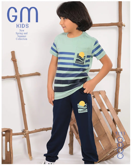 Child wearing a striped shirt and navy pants with 'GM Kids' branding.
