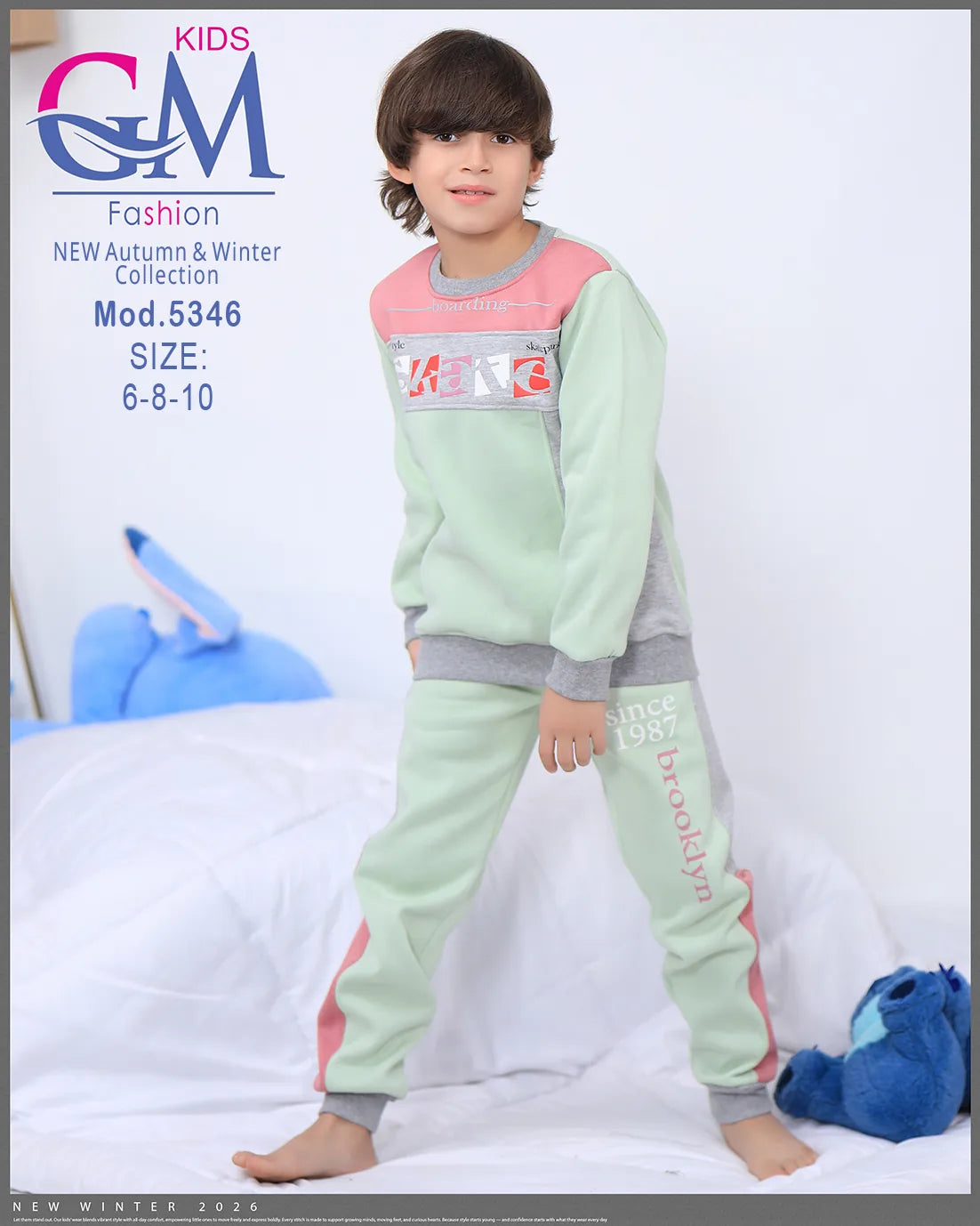 طقم ترنج ولادي شتوي GM Kids | موديل 5346 بتطريز عصري (6-10 سنوات)